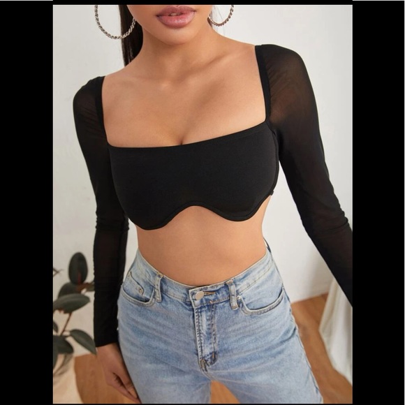 Square neck bustier style crop top mesh sleeve XS petite - Picture 4 of 5